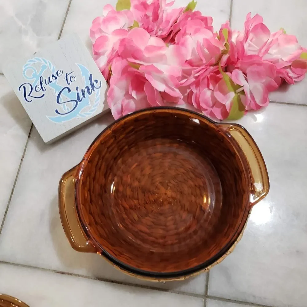 Vintage Anchor Ovenware Amber Brown Casserole Dish w/Lid & Basket 1.5 Qt